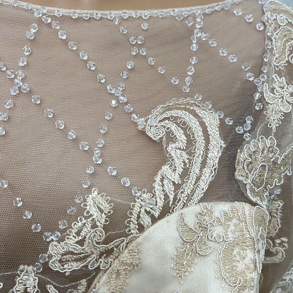 Wedding Dress Champagne Beige Boat Neck 3/4 Sleeve Corset Tie Back Midi - Picture 7 of 14